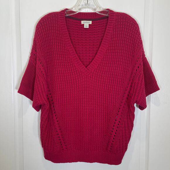 Sundance Sweater Fuchsia Pink Vneck 100% Cotton Knit Short Sleeve Slouchy L - Picture 1 of 4